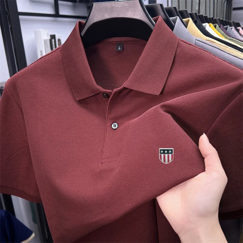 Men's Summer Luxury 100% Cotton Polo Shirt, Lapel Print Short Sleeve T-shirt, Breathable Business Casual Menswear