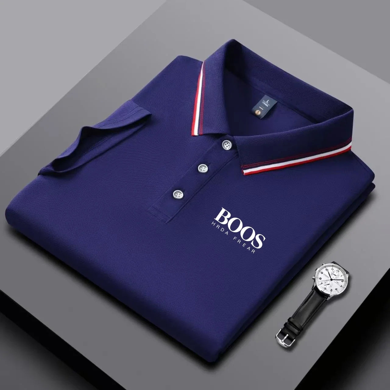 Men's business casual Polo shirt with striped collar and letter printed breathable short sleeved shirt, comfortable fabric