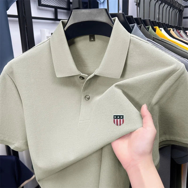 Men's Summer Luxury 100% Cotton Polo Shirt, Lapel Print Short Sleeve T-shirt, Breathable Business Casual Menswear