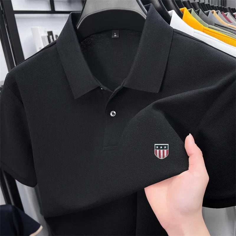 Men's Summer Luxury 100% Cotton Polo Shirt, Lapel Print Short Sleeve T-shirt, Breathable Business Casual Menswear